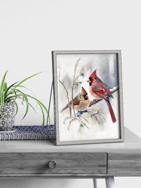 5x7 Northern Red Cardinal & Female Cardinal Watercolor Oil Painting Art Print